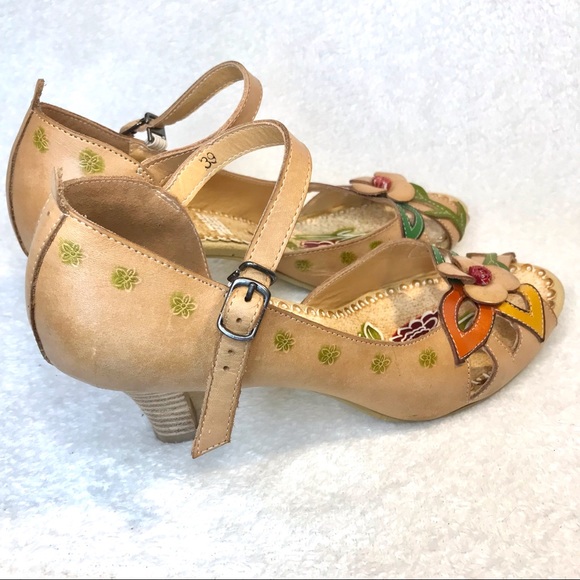 Genuine leather floral summer open toe sandals tan heels with strap Infinity - Picture 11 of 15
